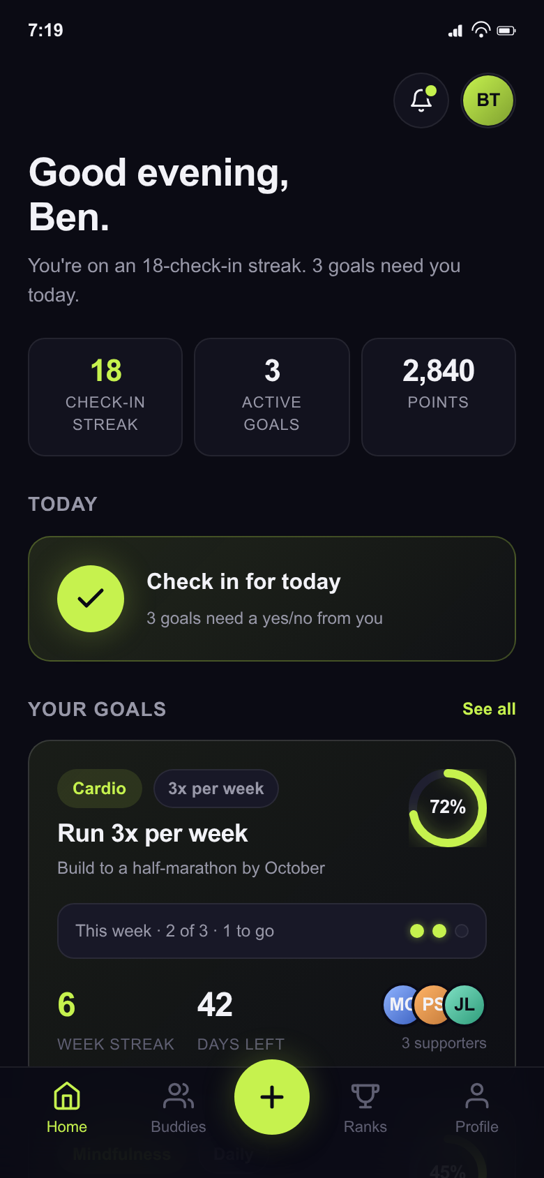 acco dashboard with weekly cadence and current streak.