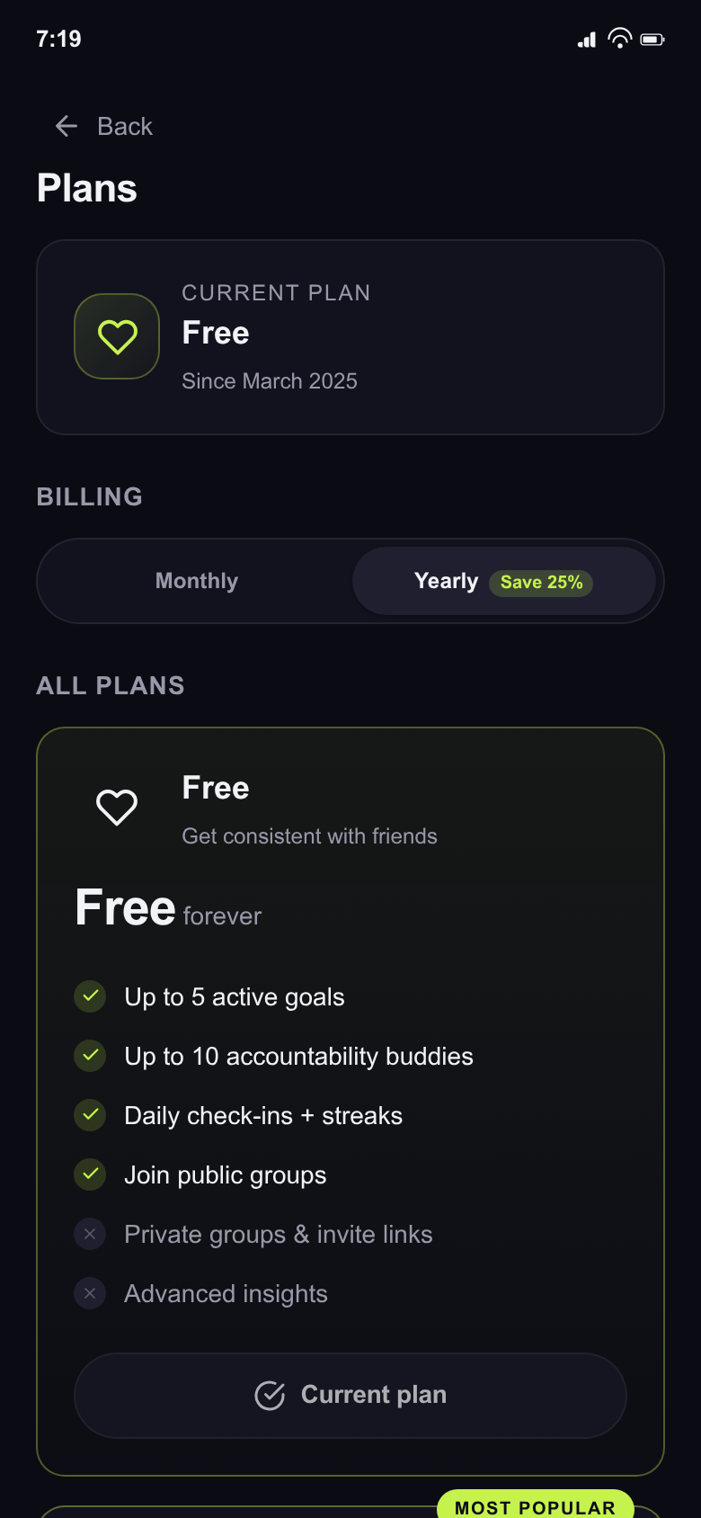 acco plans and pricing screen.
