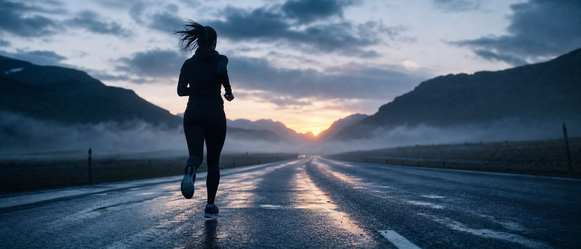 A runner heads down an empty mountain road at dawn.