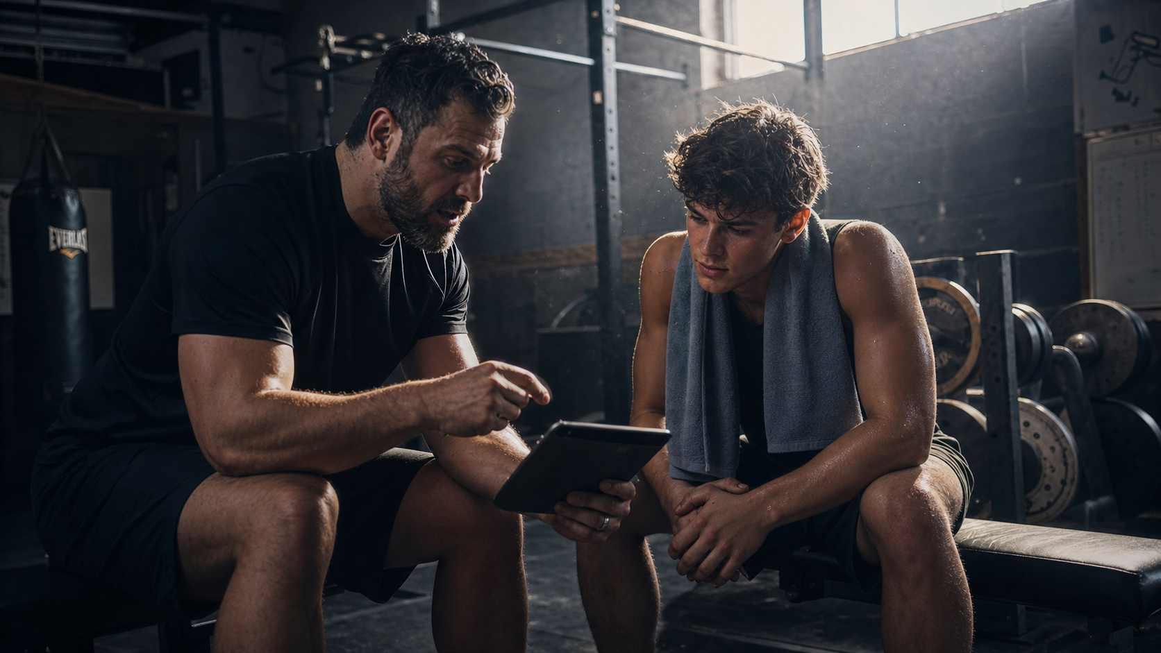 A coach reviews progress with an athlete on a tablet in a gritty gym.