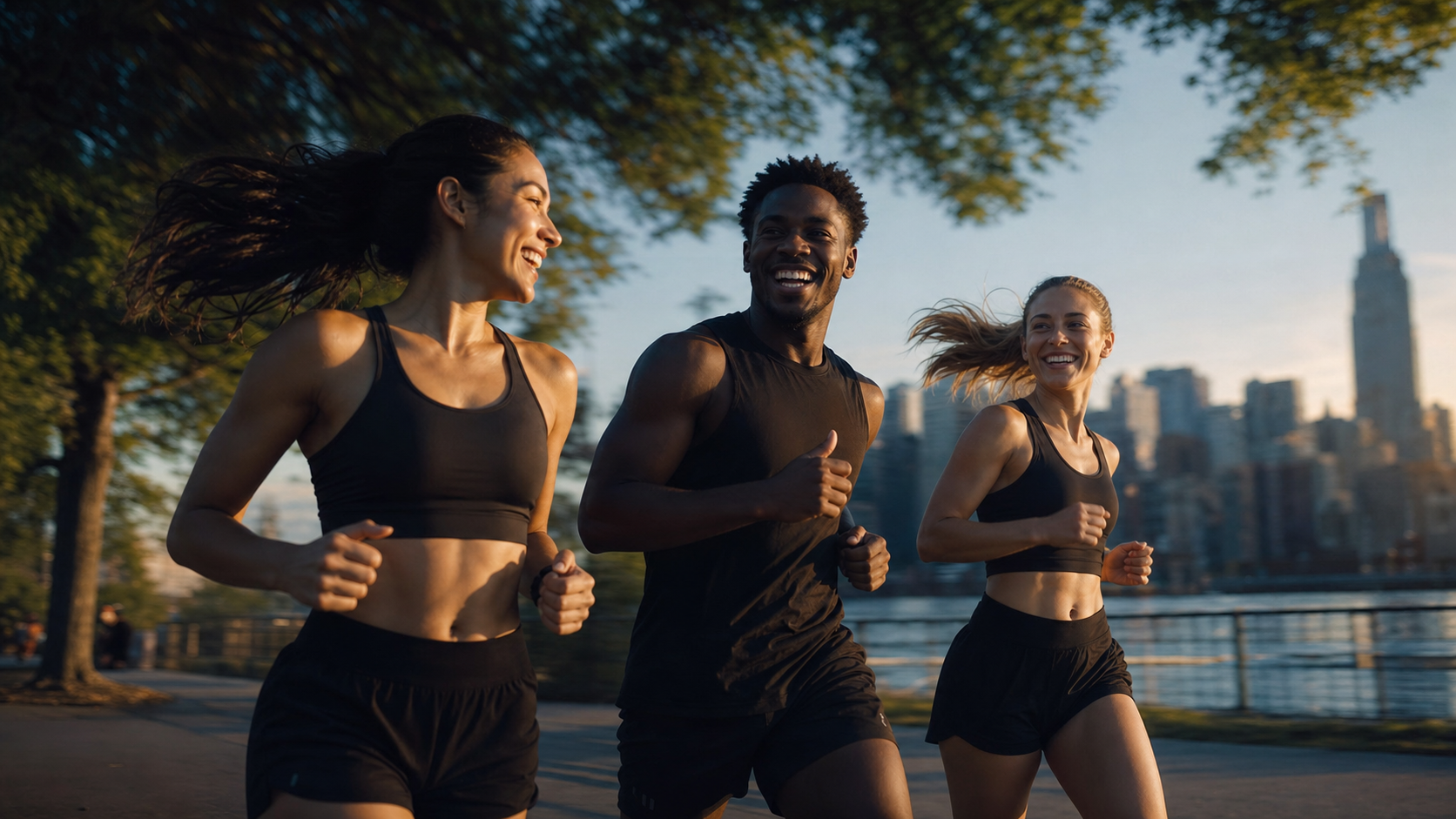 Three friends running together at sunrise on a city trail.