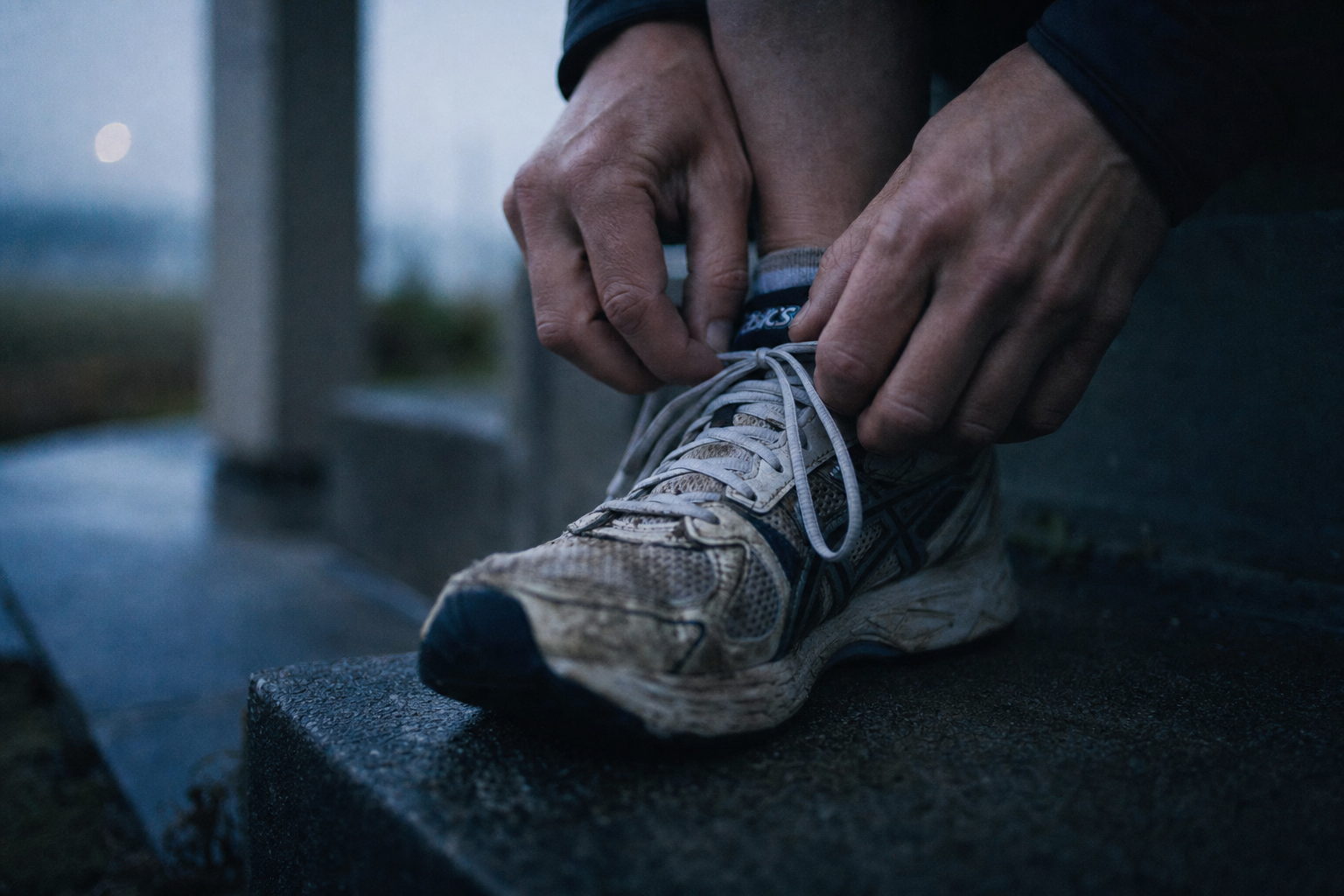 Hands lacing up running shoes in cool morning light.